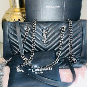 YSL Sheepskin Matelasse Chevron Large Monogram Shopping Bag Light Coal